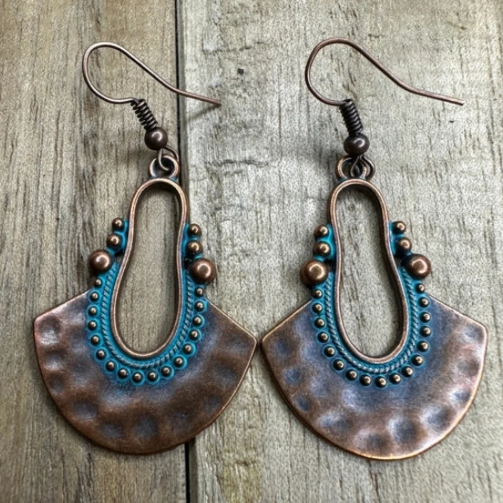 Hammered Copper Verdigris Patina Drop Earrings